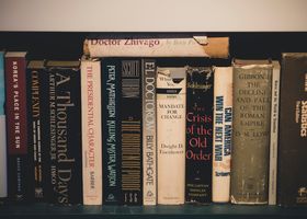 Close-up of classic literature on a wooden bookshelf, providing a vintage and educational feel.